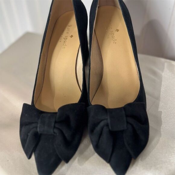 Kate Spade NY Black Suede Block Heel Pumps 7M Bow Detail Classic Dress Shoes - Picture 3 of 7